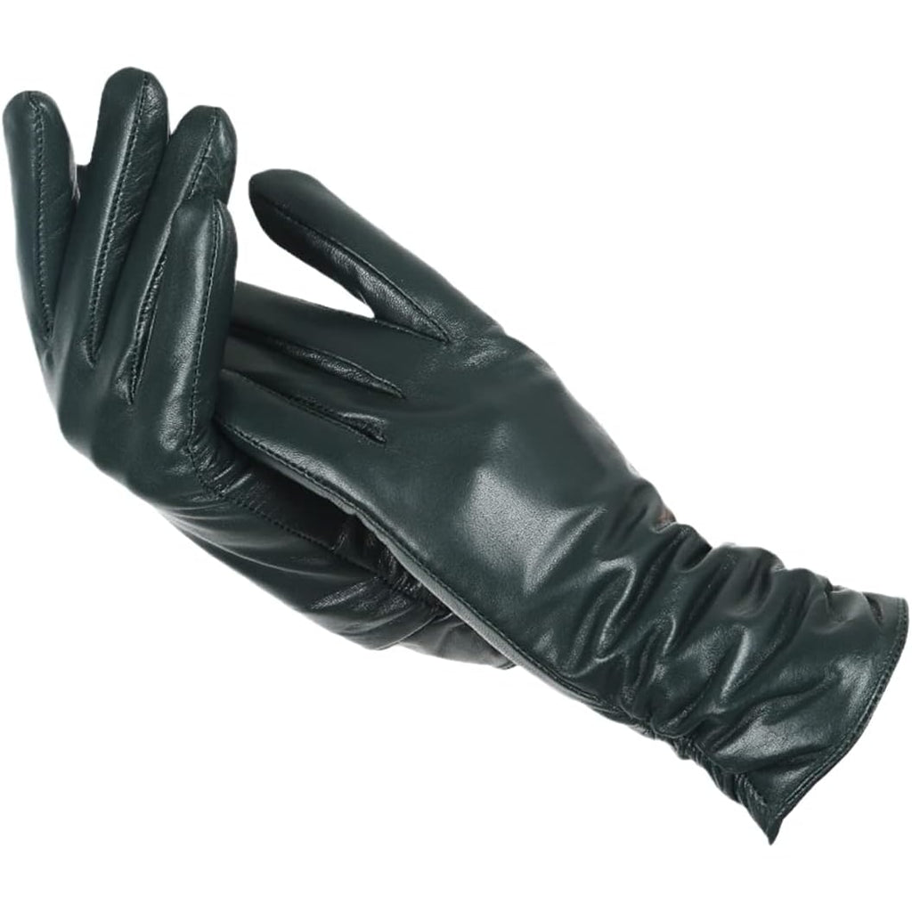 Women's Leather Winter Ski Gloves with Ruched Wrist and Wool Lining - Image 7