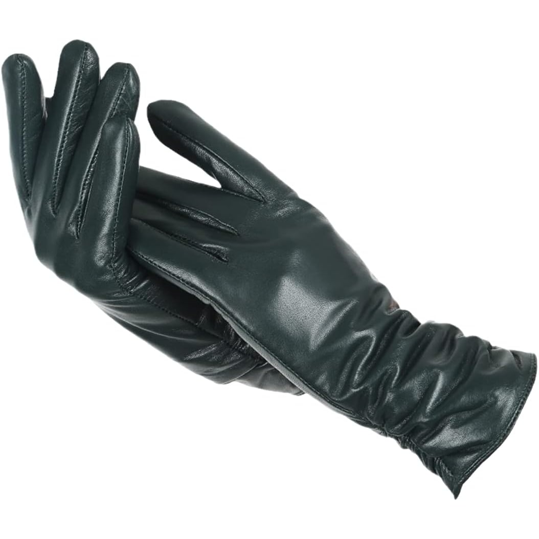 Women's Leather Winter Ski Gloves with Ruched Wrist and Wool Lining - Image 7