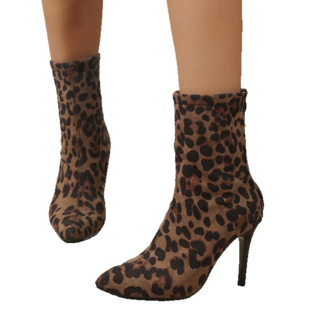 Women's Leopard Print Ankle Boots with Pointed Toe Stiletto Heel and Zipper - Image 5