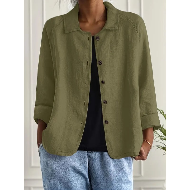Women's Linen Blend Shirt Jacket with Button Front and Three-Quarter Sleeves - Image 10
