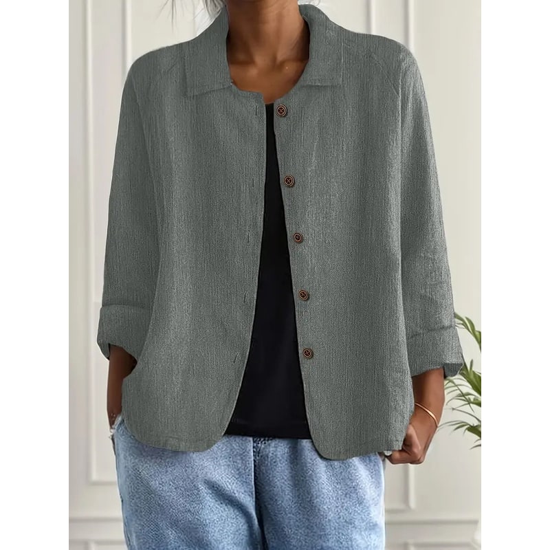 Women's Linen Blend Shirt Jacket with Button Front and Three-Quarter Sleeves - Image 2