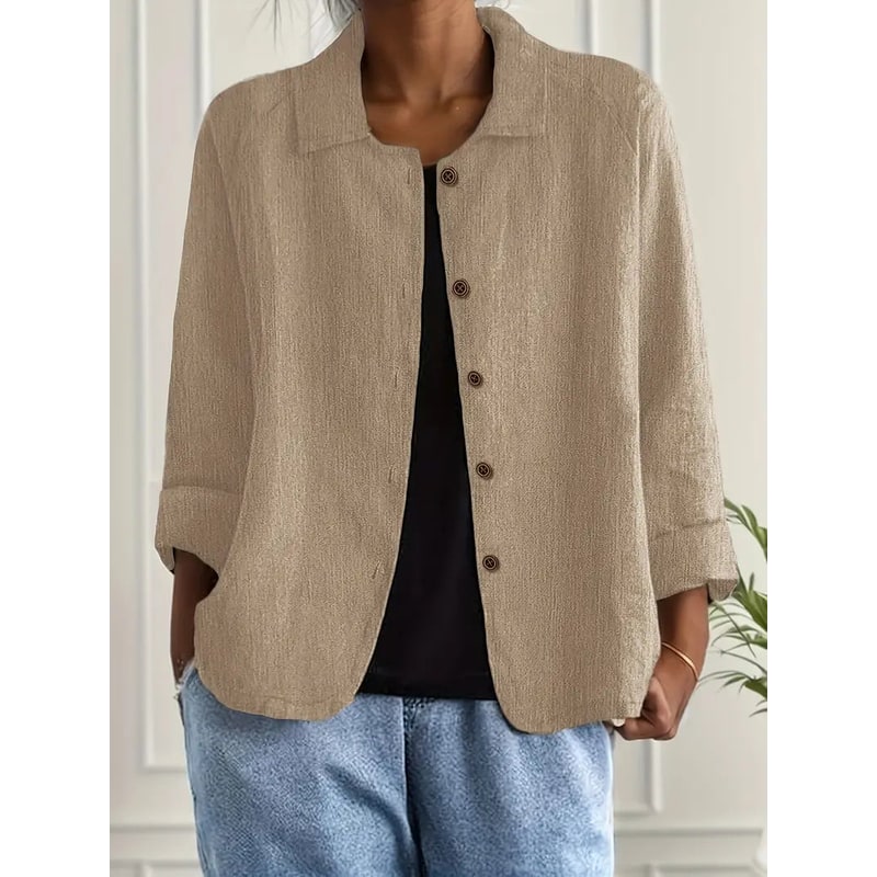Women's Linen Blend Shirt Jacket with Button Front and Three-Quarter Sleeves - Image 5