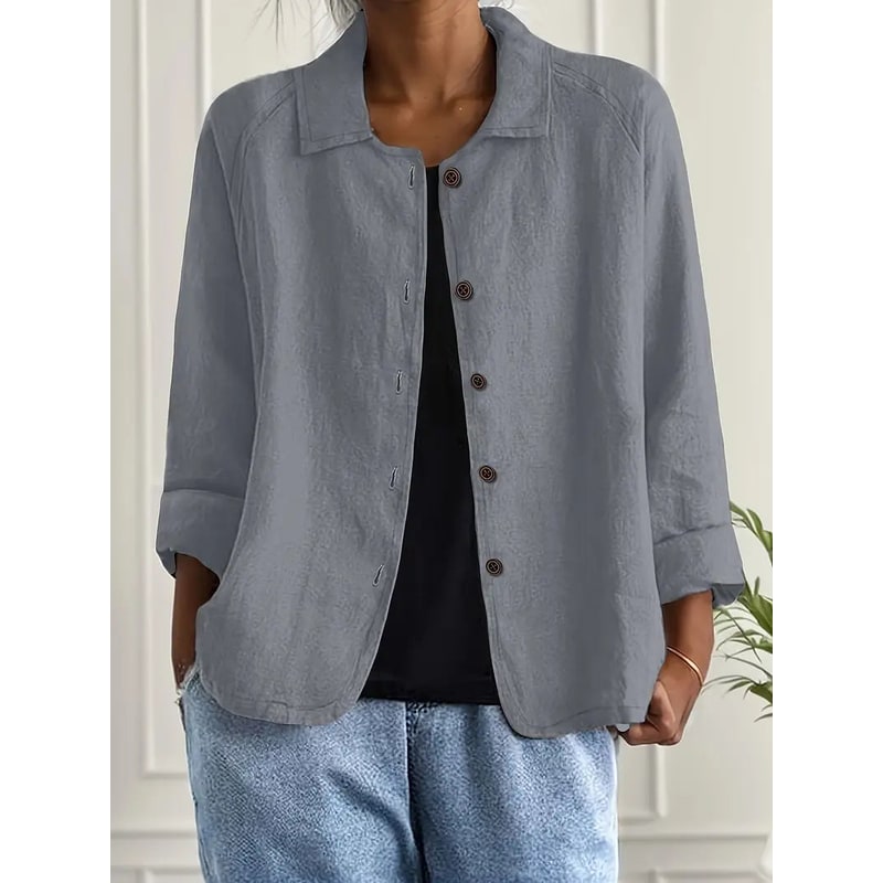 Women's Linen Blend Shirt Jacket with Button Front and Three-Quarter Sleeves - Image 9
