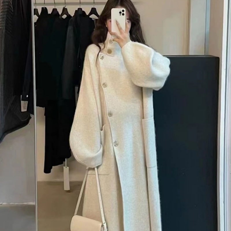 Women's Long Knit Cardigan Coat with Funnel Neck and Oversized Balloon Sleeves - Image 1