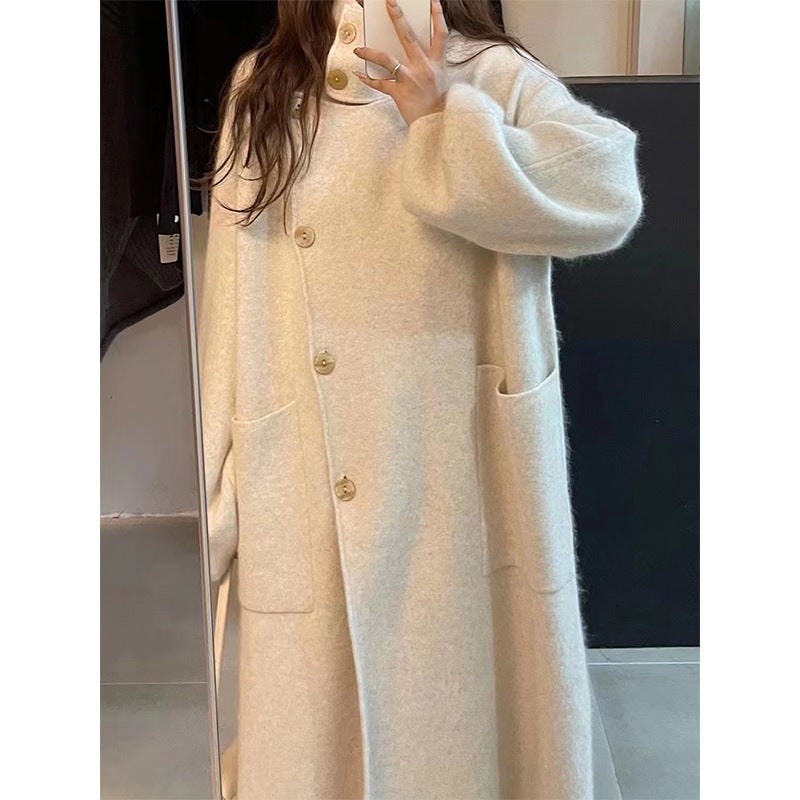 Women's Long Knit Cardigan Coat with Funnel Neck and Oversized Balloon Sleeves - Image 2