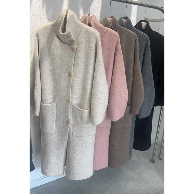 Women's Long Knit Cardigan Coat with Funnel Neck and Oversized Balloon Sleeves - Image 3