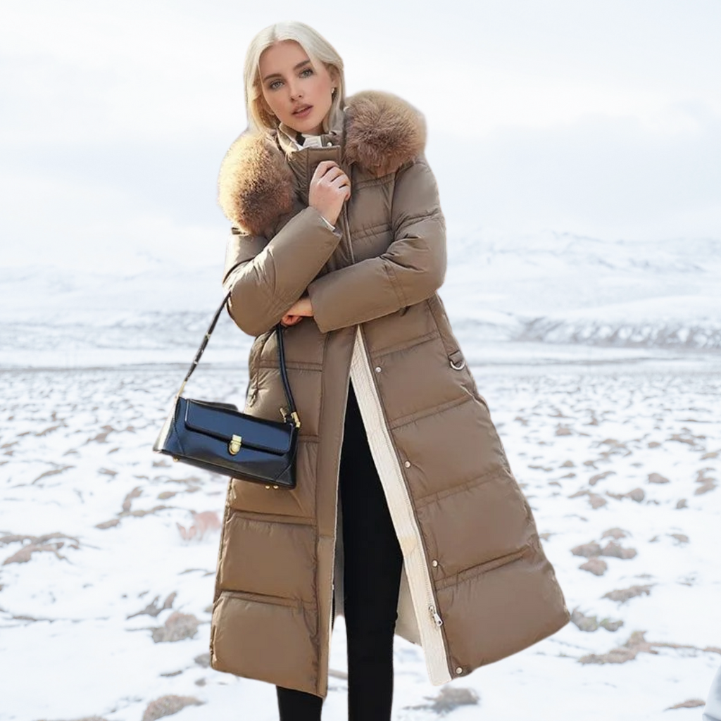Women's Long Puffer Coat Faux Fur Hood and Cinched Belt - Image 2