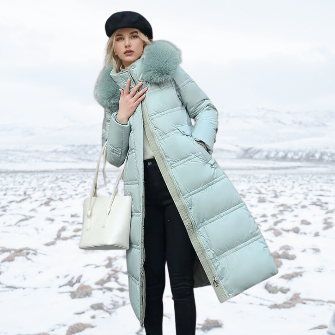 Women's Long Puffer Coat Faux Fur Hood and Cinched Belt - Image 4