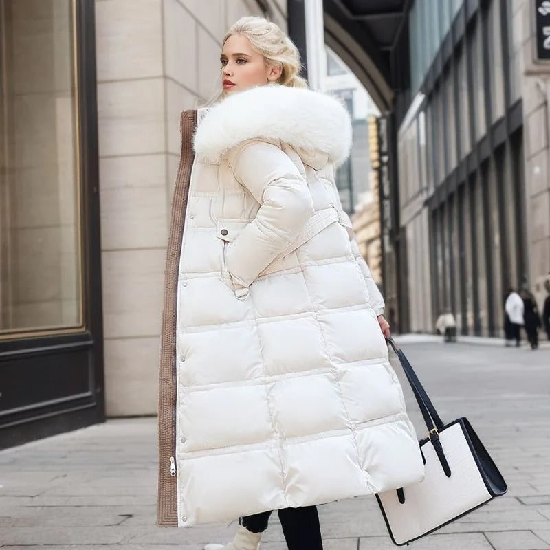 Women's Long Puffer Coat Faux Fur Hood and Cinched Belt - Image 5
