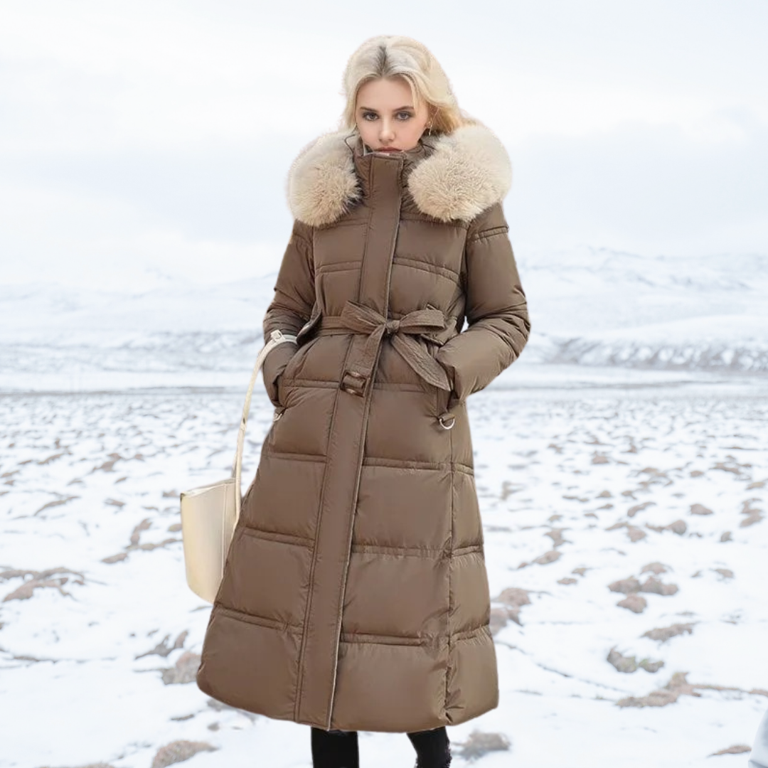 Women's Long Puffer Coat Faux Fur Hood and Cinched Belt - Image 6