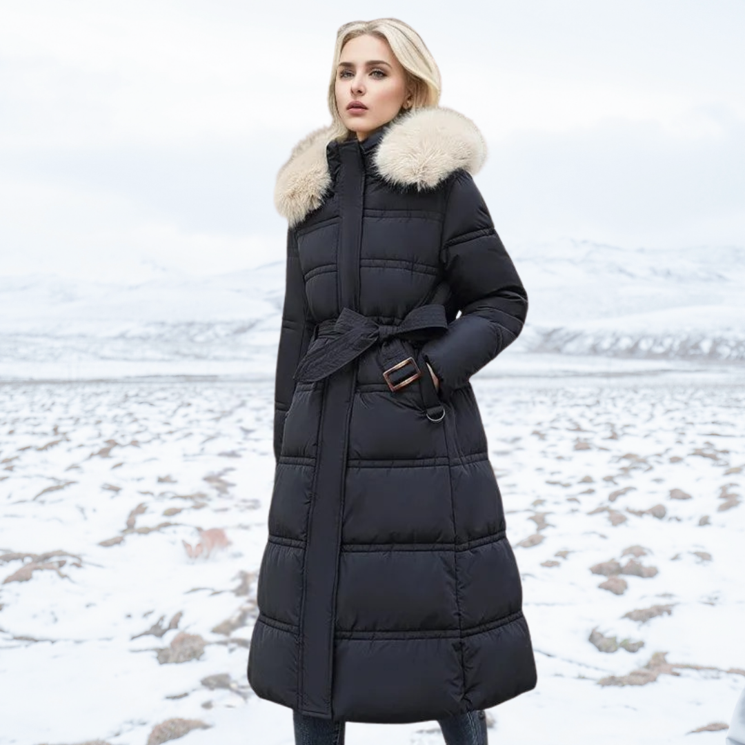 Women's Long Puffer Coat Faux Fur Hood and Cinched Belt - Image 7
