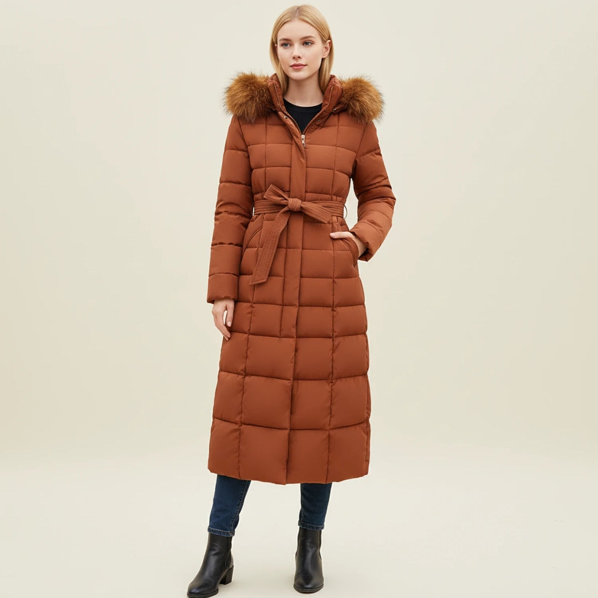 Women's Long Puffer Coat with Faux Fur Hood and Belted Waist - Image 1