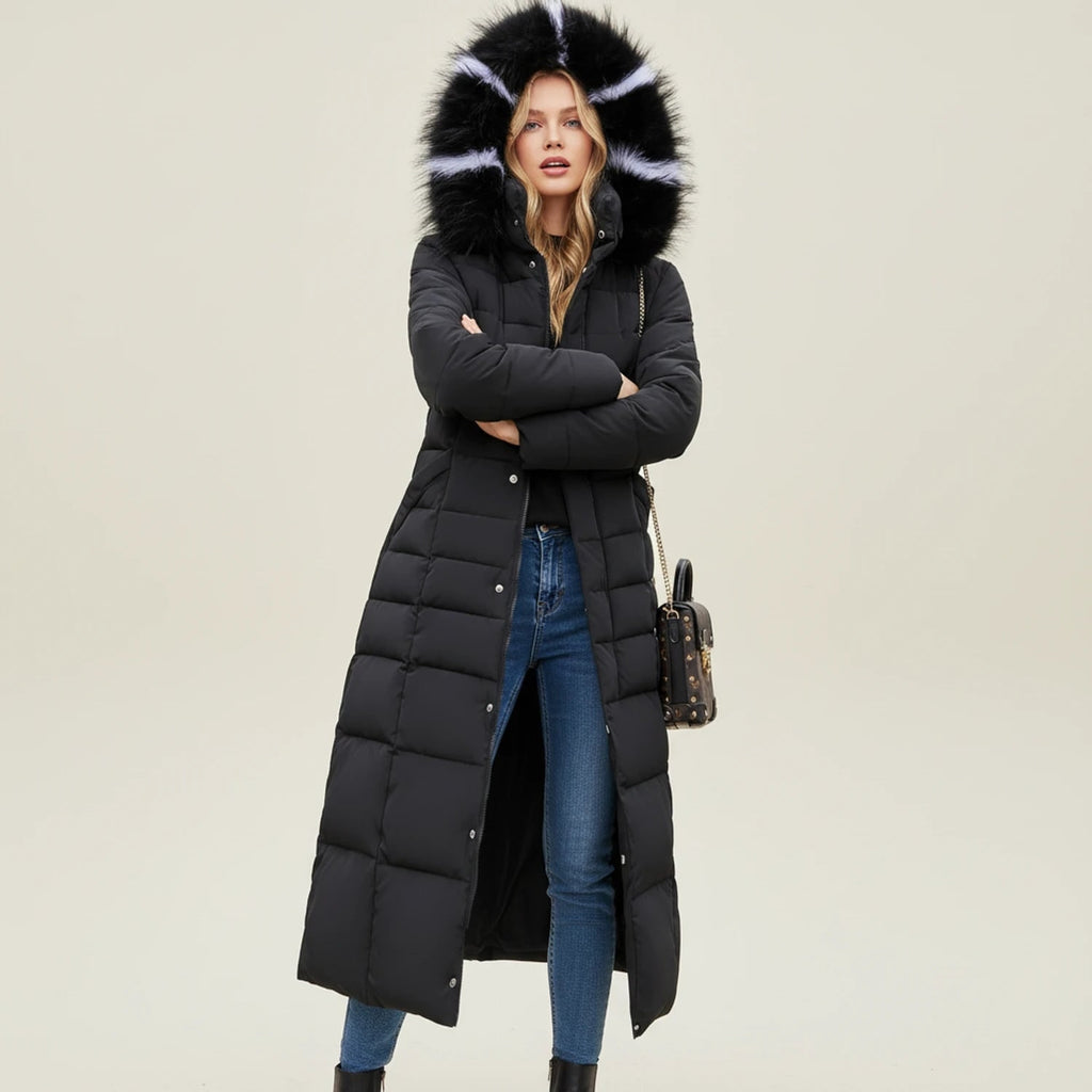 Women's Long Puffer Coat with Faux Fur Hood and Belted Waist - Image 2