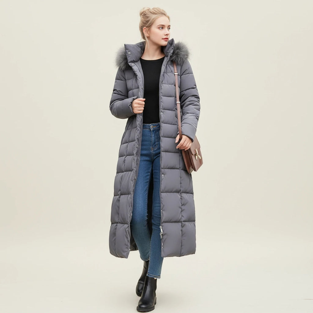 Women's Long Puffer Coat with Faux Fur Hood and Belted Waist - Image 3