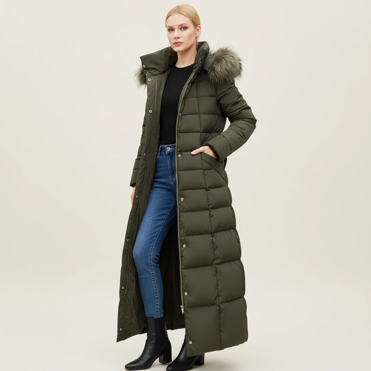 Women's Long Puffer Coat with Faux Fur Hood and Belted Waist - Image 4