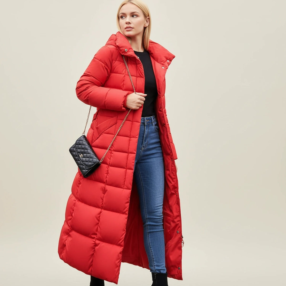 Women's Long Puffer Coat with Faux Fur Hood and Belted Waist - Image 5