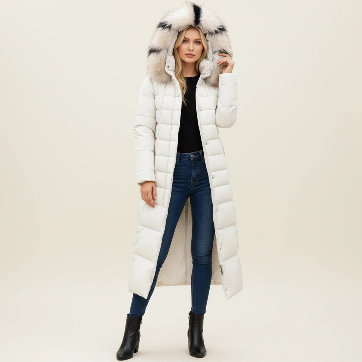 Women's Long Puffer Coat with Faux Fur Hood and Belted Waist - Image 6