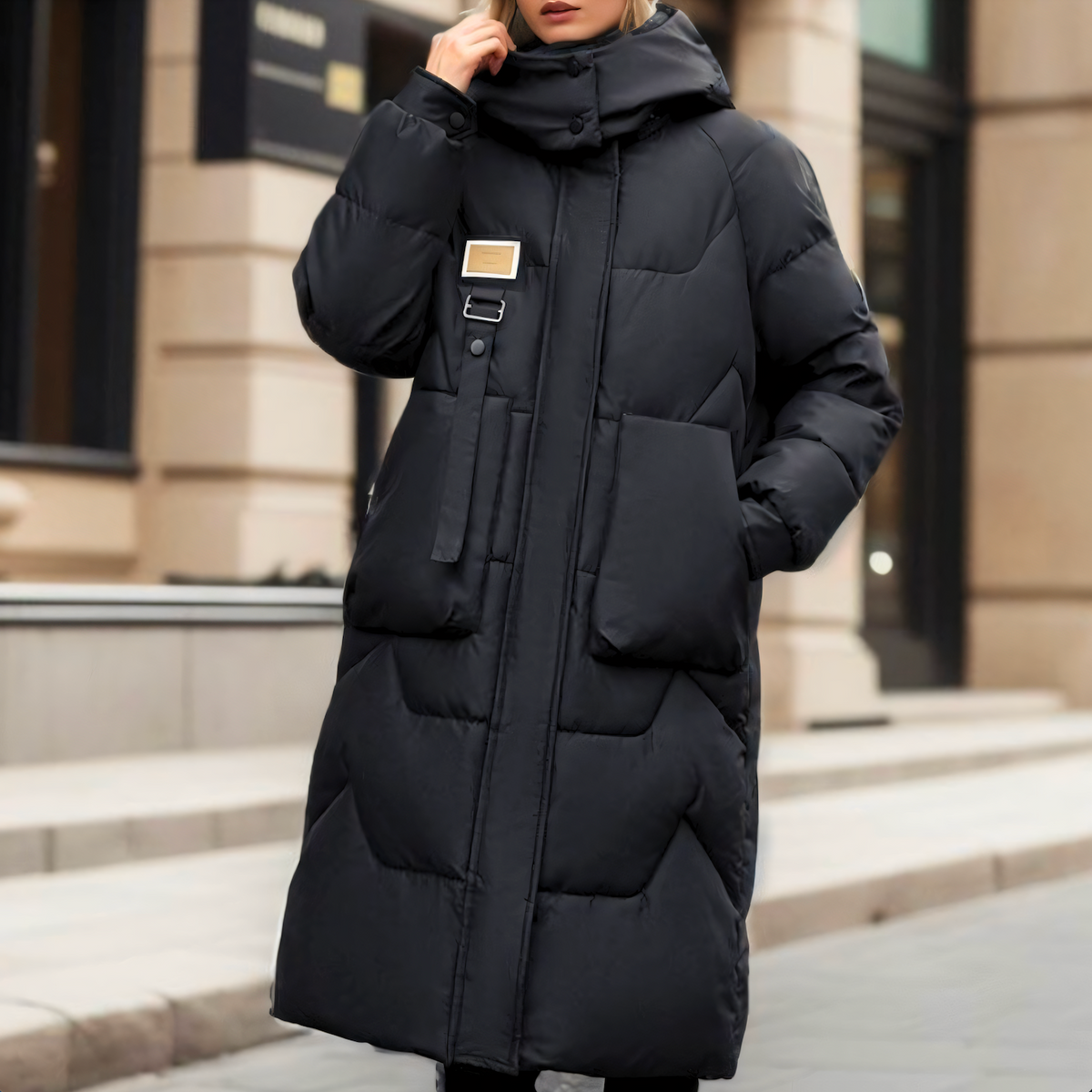Women's Long Puffer Coat with Hood and Quilted Chevron Design - Image 1