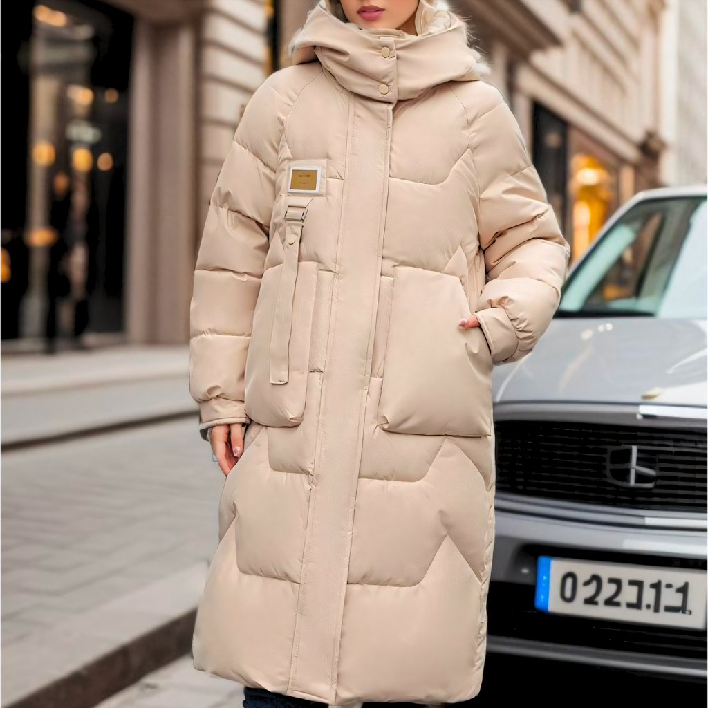 Women's Long Puffer Coat with Hood and Quilted Chevron Design - Image 2