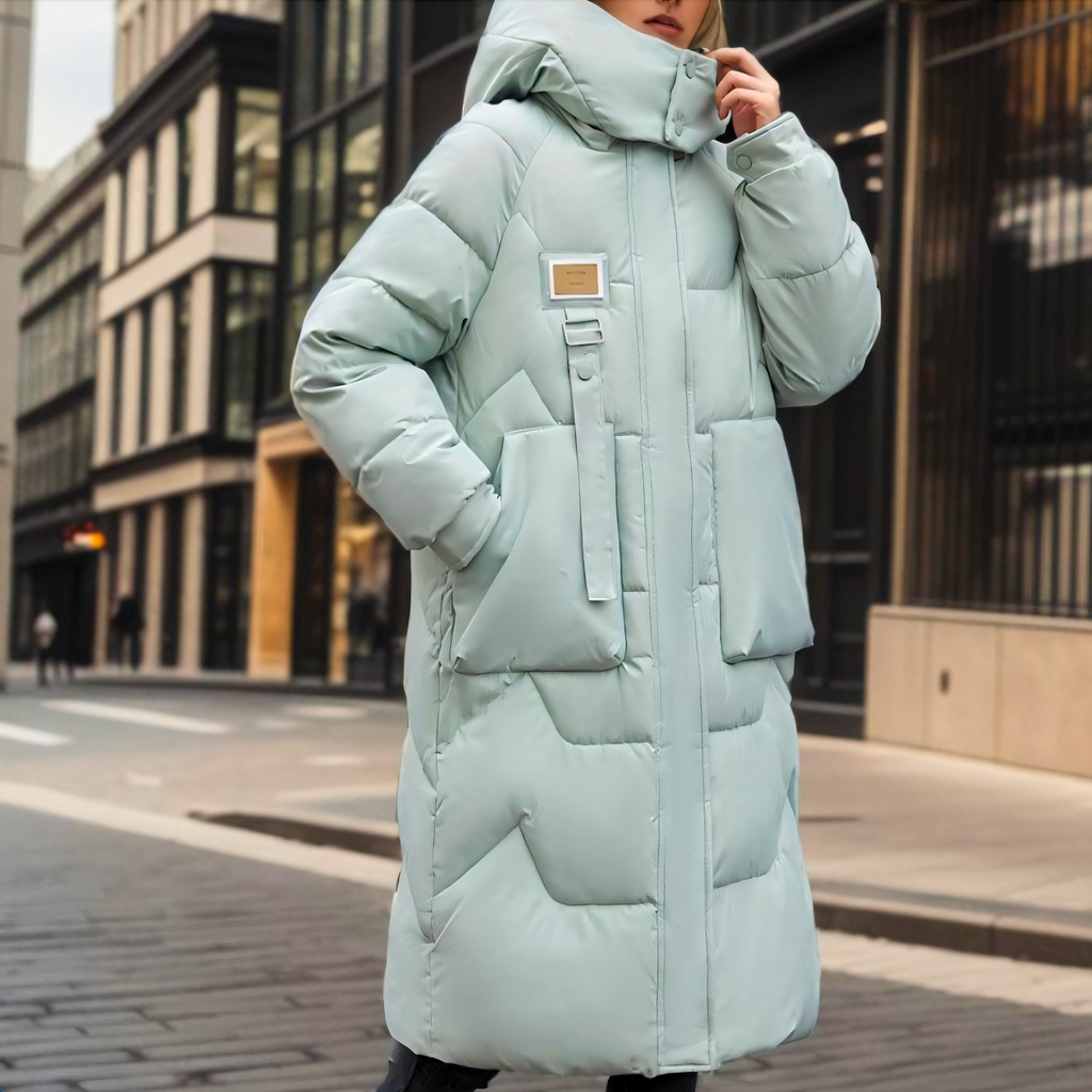 Women's Long Puffer Coat with Hood and Quilted Chevron Design - Image 3