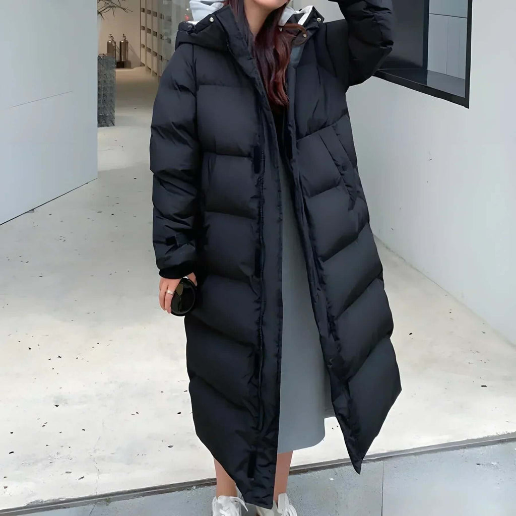 Women's Long Puffer Coat with Hood Quilted Design Full Length Insulated - Image 1