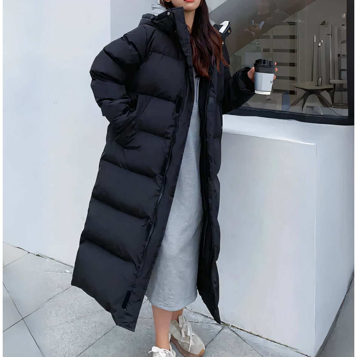 Women's Long Puffer Coat with Hood Quilted Design Full Length Insulated - Image 2