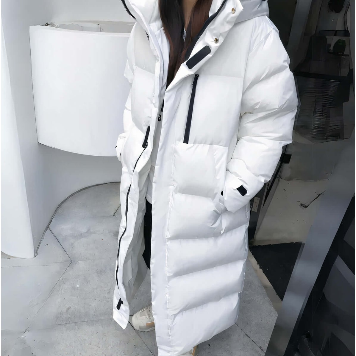 Women's Long Puffer Coat with Hood Quilted Design Full Length Insulated - Image 4