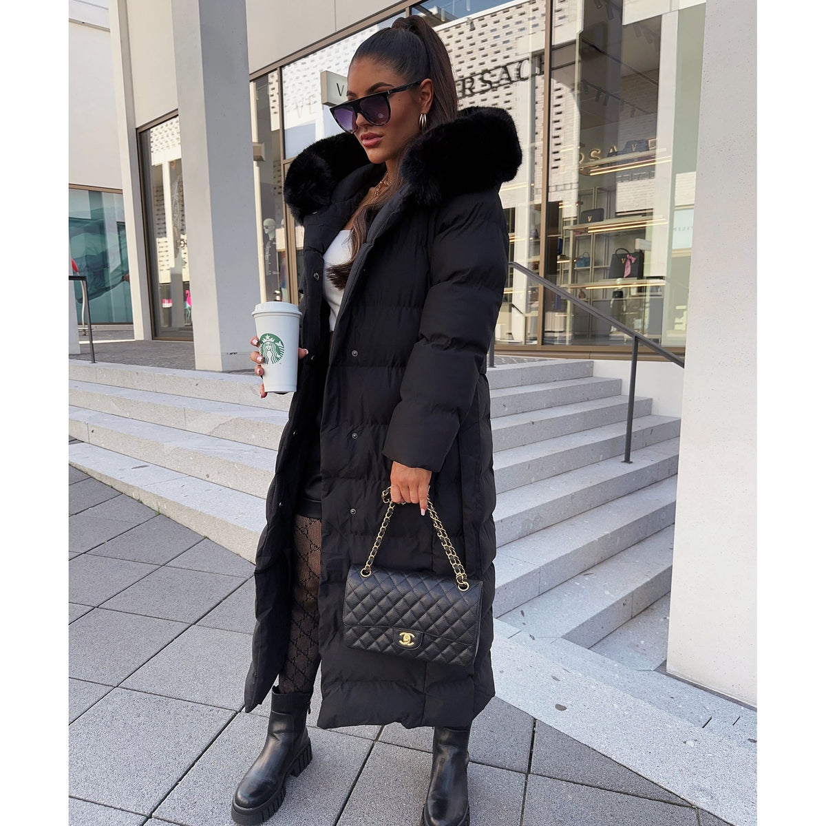 Women's Long Puffer Coat with Quilted Baffle Faux Fur Hood and Belted Waist - Image 1