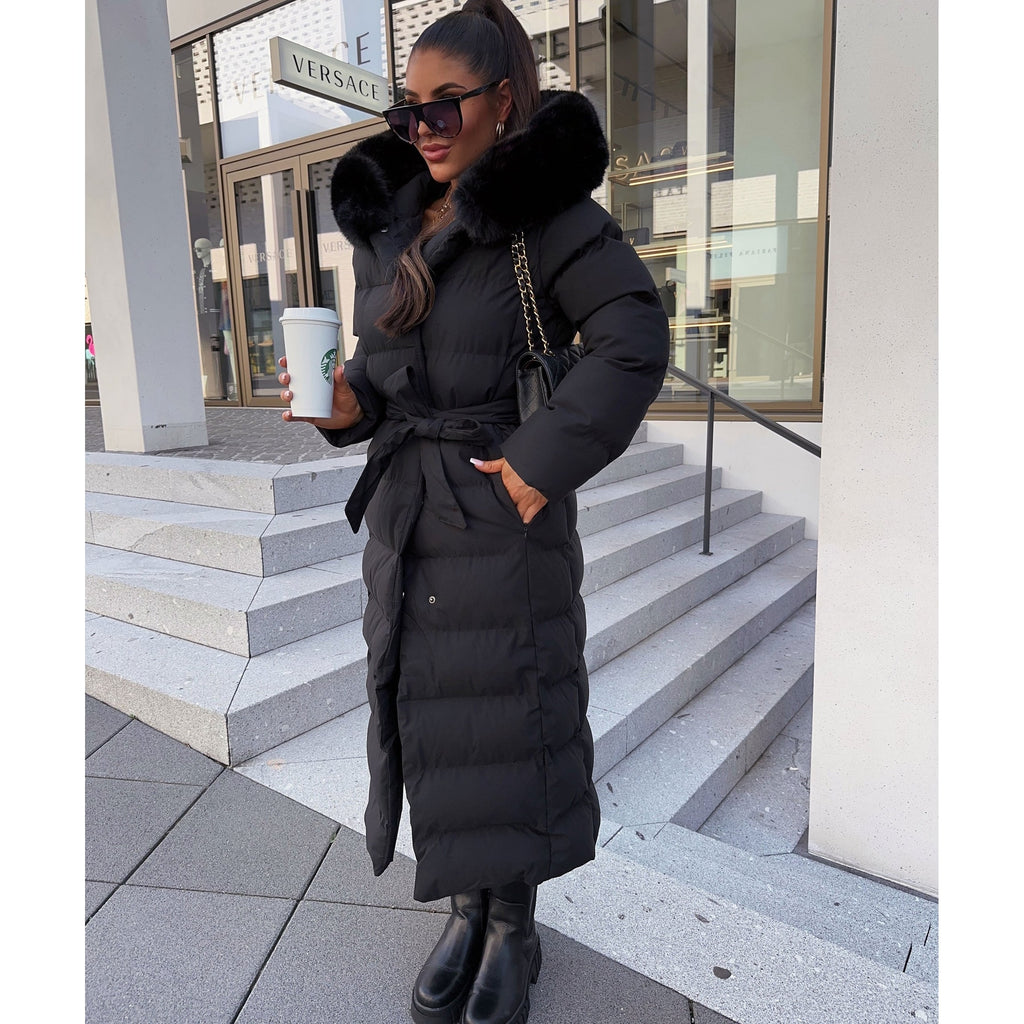 Women's Long Puffer Coat with Quilted Baffle Faux Fur Hood and Belted Waist - Image 2