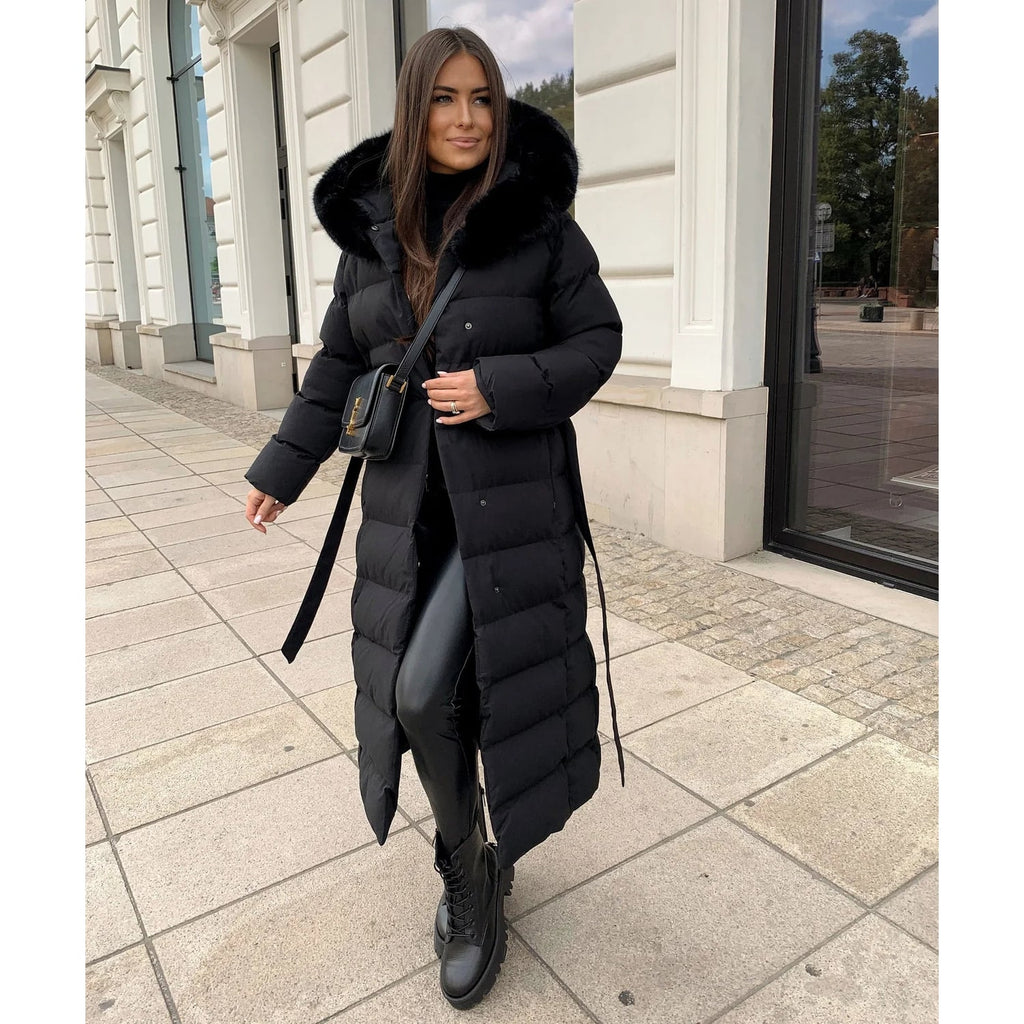 Women's Long Puffer Coat with Quilted Baffle Faux Fur Hood and Belted Waist - Image 3