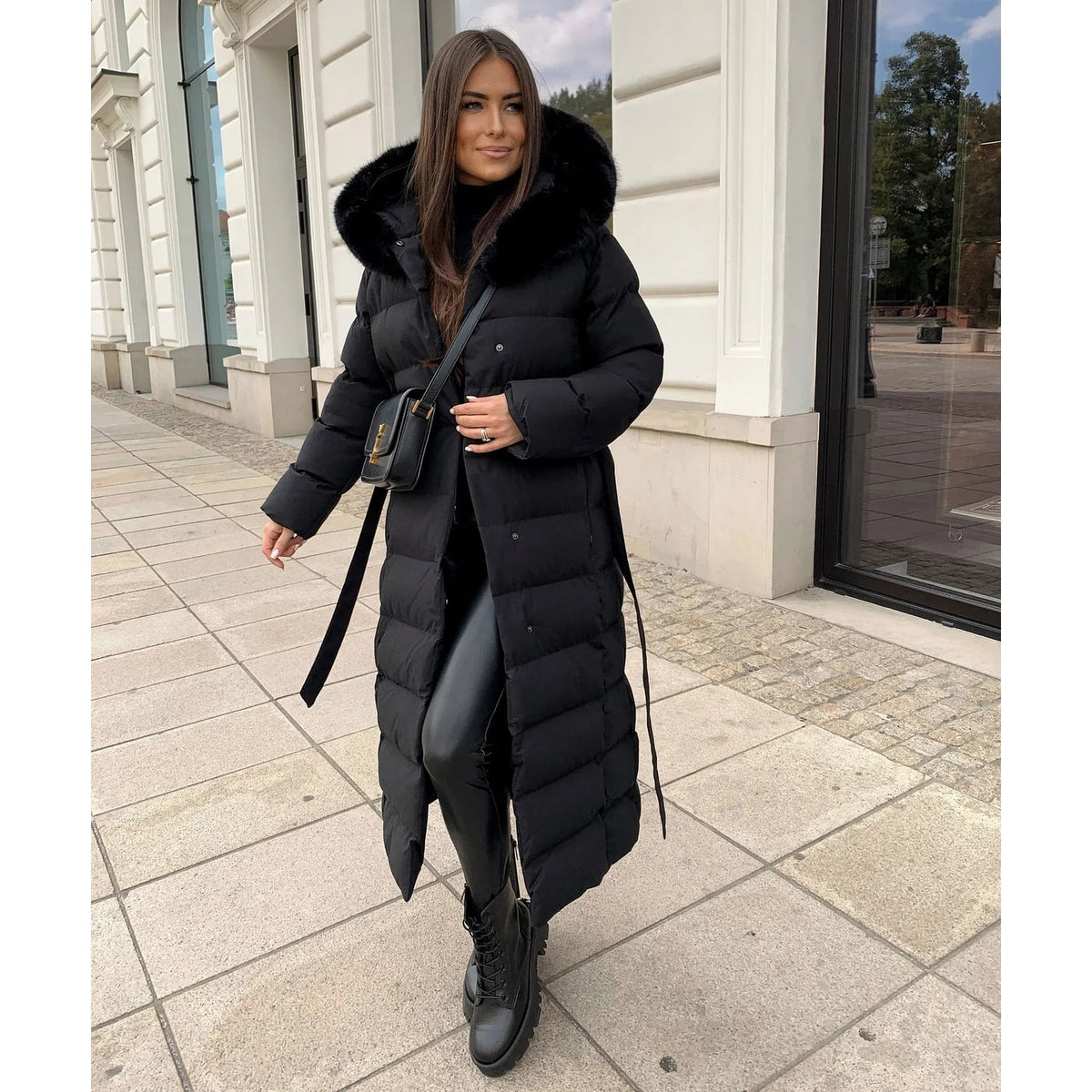 Women's Long Puffer Coat with Quilted Baffle Faux Fur Hood and Belted Waist - Image 3