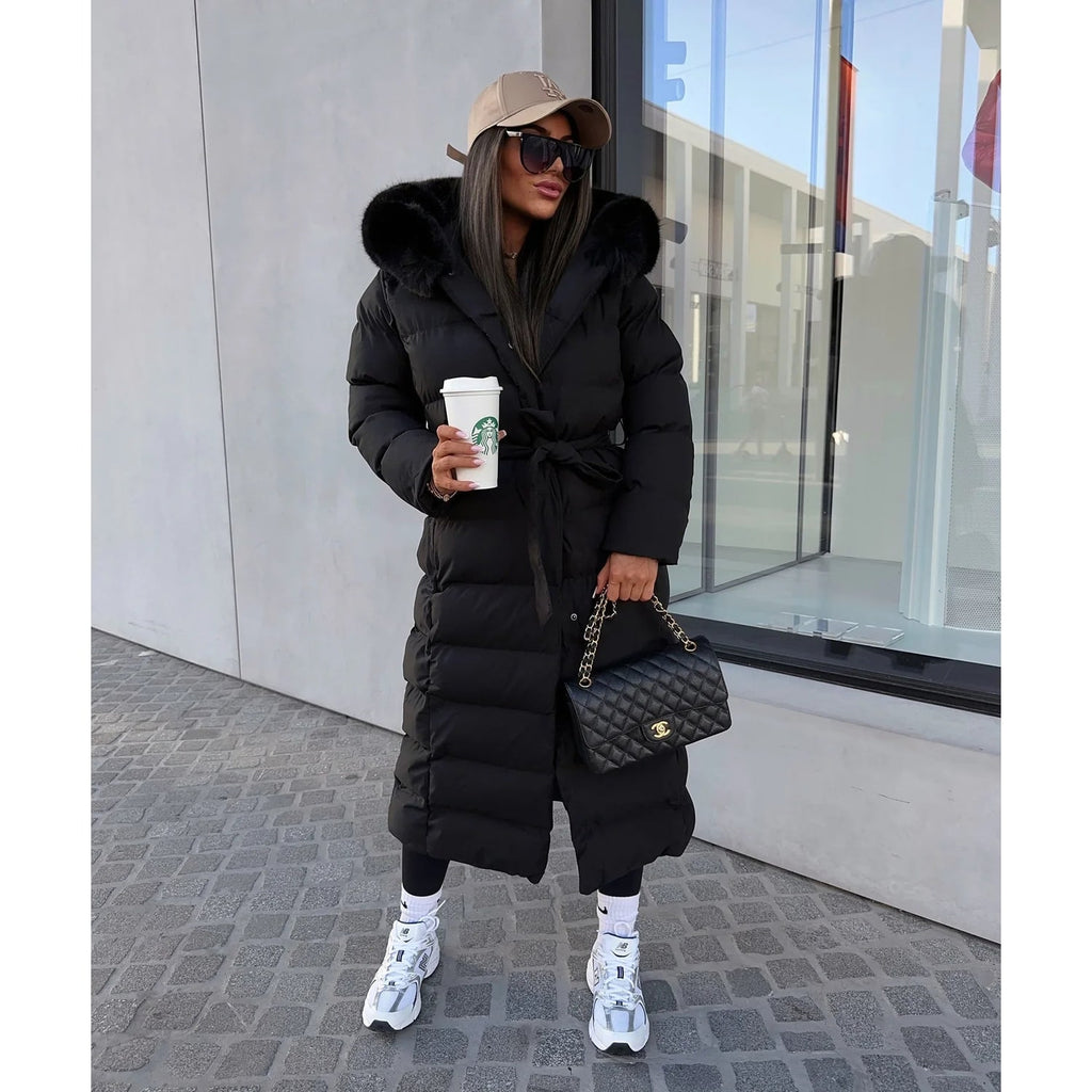 Women's Long Puffer Coat with Quilted Baffle Faux Fur Hood and Belted Waist - Image 4