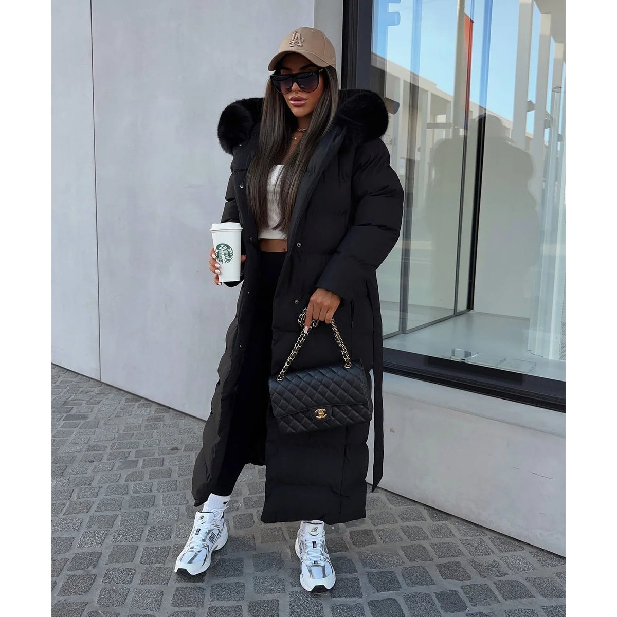 Women's Long Puffer Coat with Quilted Baffle Faux Fur Hood and Belted Waist - Image 5