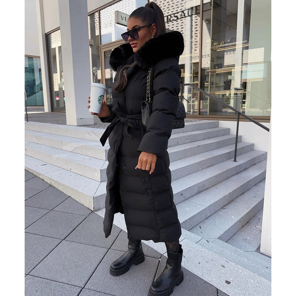 Women's Long Puffer Coat with Quilted Baffle Faux Fur Hood and Belted Waist - Image 6