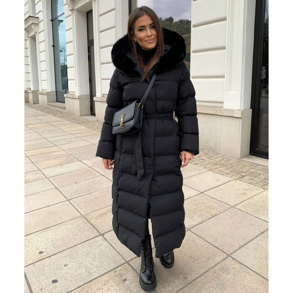 Women's Long Puffer Coat with Quilted Baffle Faux Fur Hood and Belted Waist - Image 7