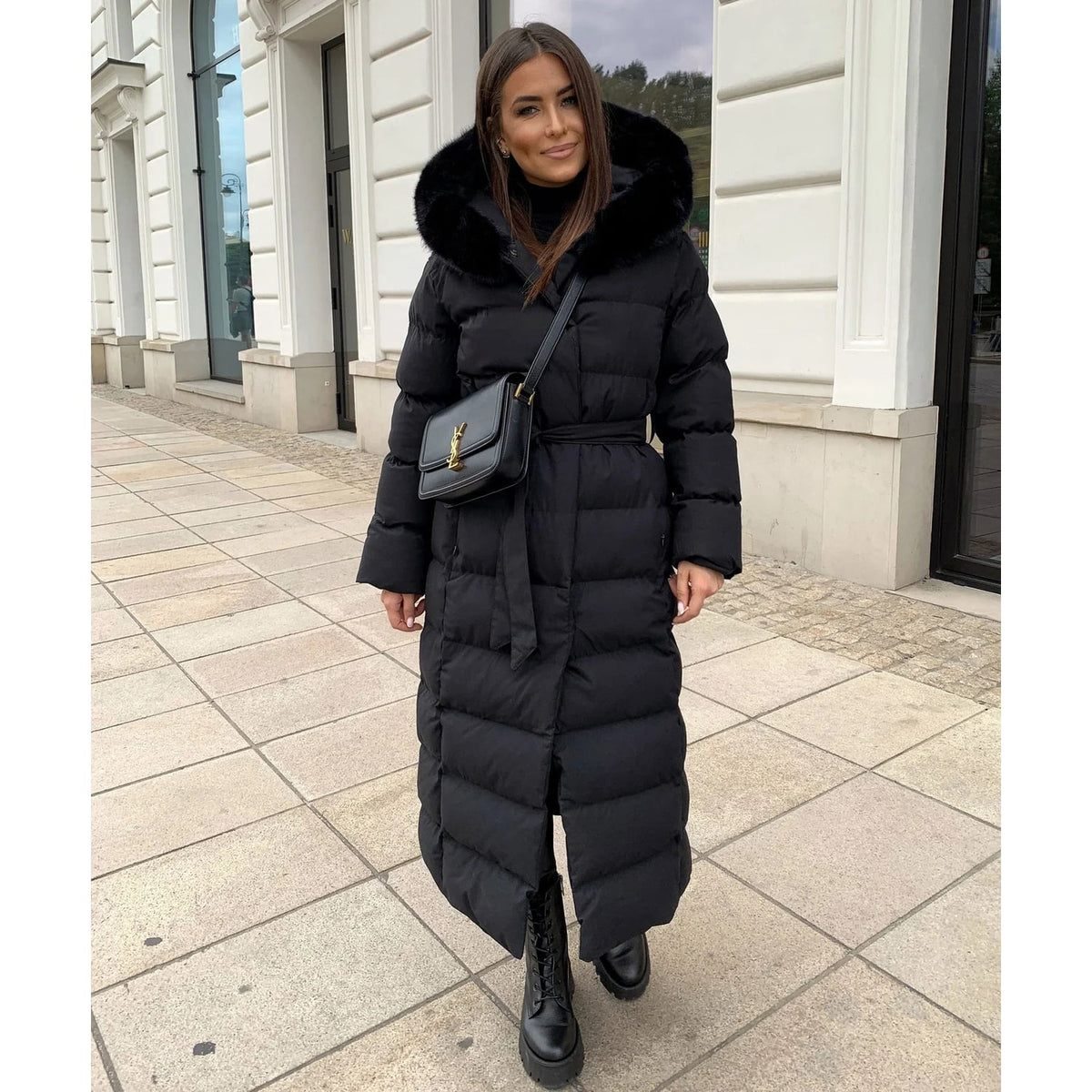 Women's Long Puffer Coat with Quilted Baffle Faux Fur Hood and Belted Waist - Image 7