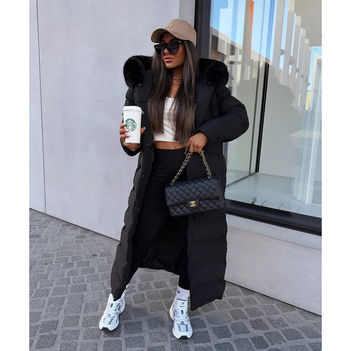 Women's Long Puffer Coat with Quilted Baffle Faux Fur Hood and Belted Waist - Image 8