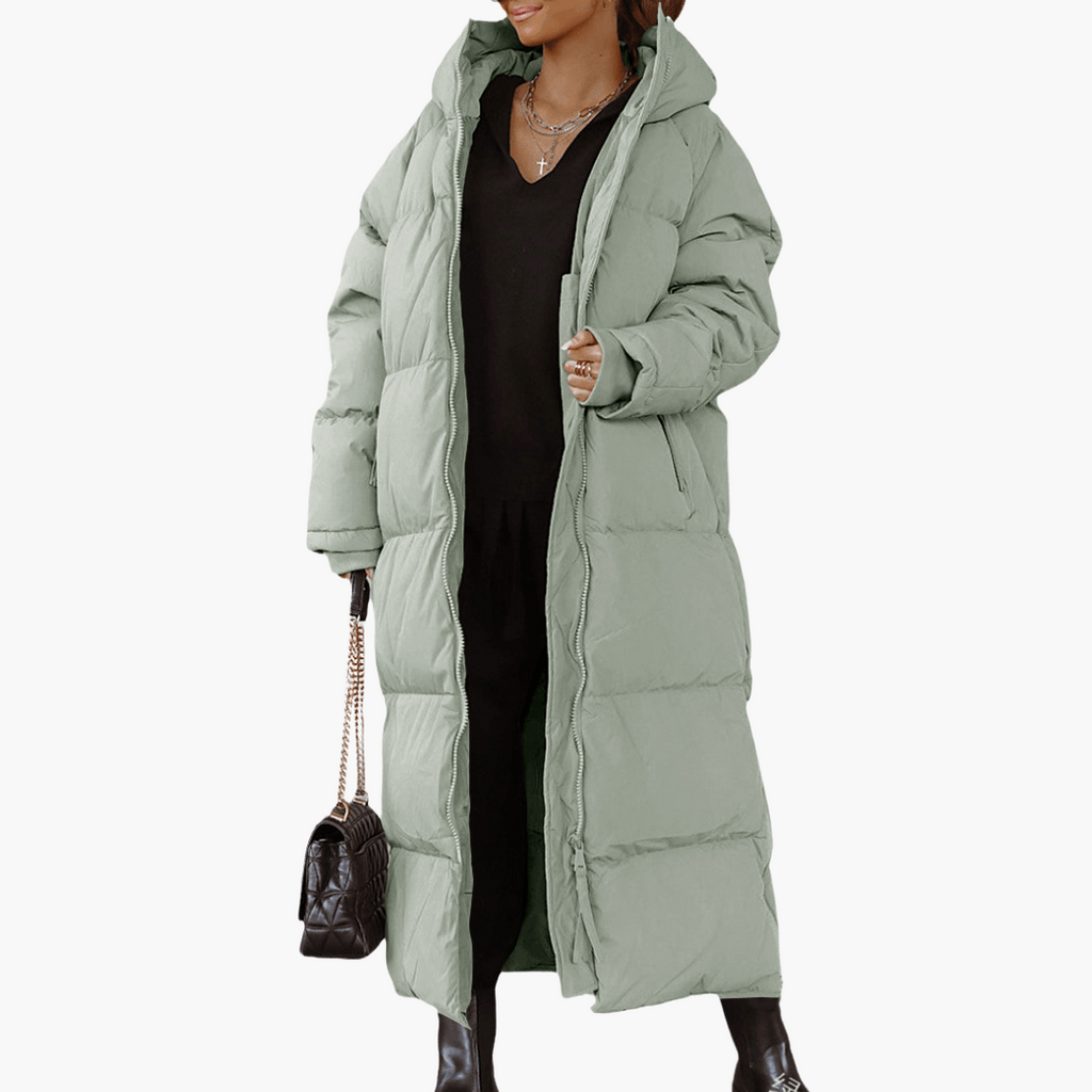 Women's Long Puffer Coat with Quilted Design and Integrated Hood - Image 1