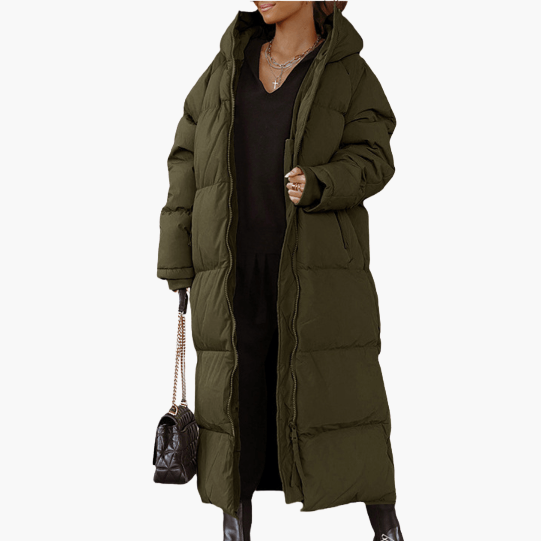 Women's Long Puffer Coat with Quilted Design and Integrated Hood - Image 5