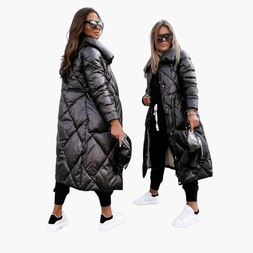 Women's Long Puffer Coat with Quilted Diamond Pattern and Stand Collar - Image 3