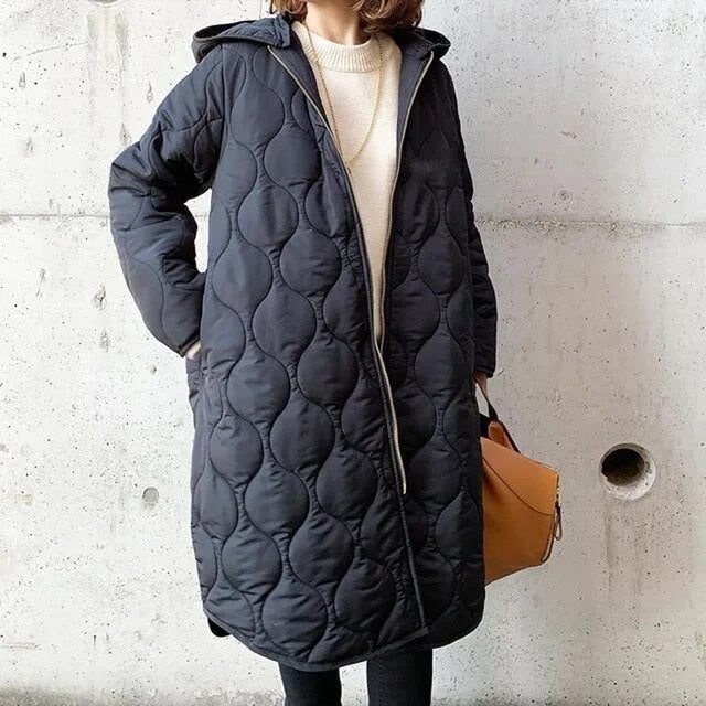 Women's Long Puffer Hooded Quilted Coat with Two-Way Zipper and Side Pockets - Image 1