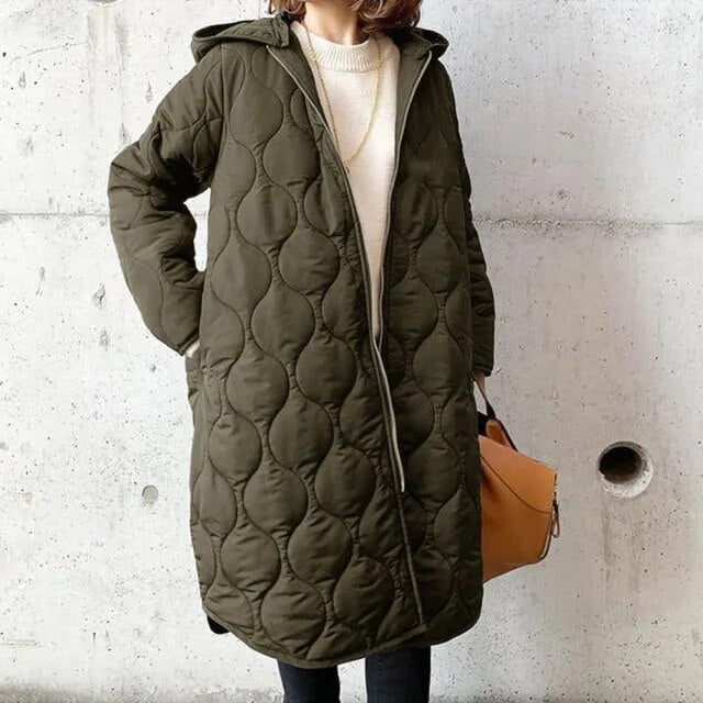 Women's Long Puffer Hooded Quilted Coat with Two-Way Zipper and Side Pockets - Image 2