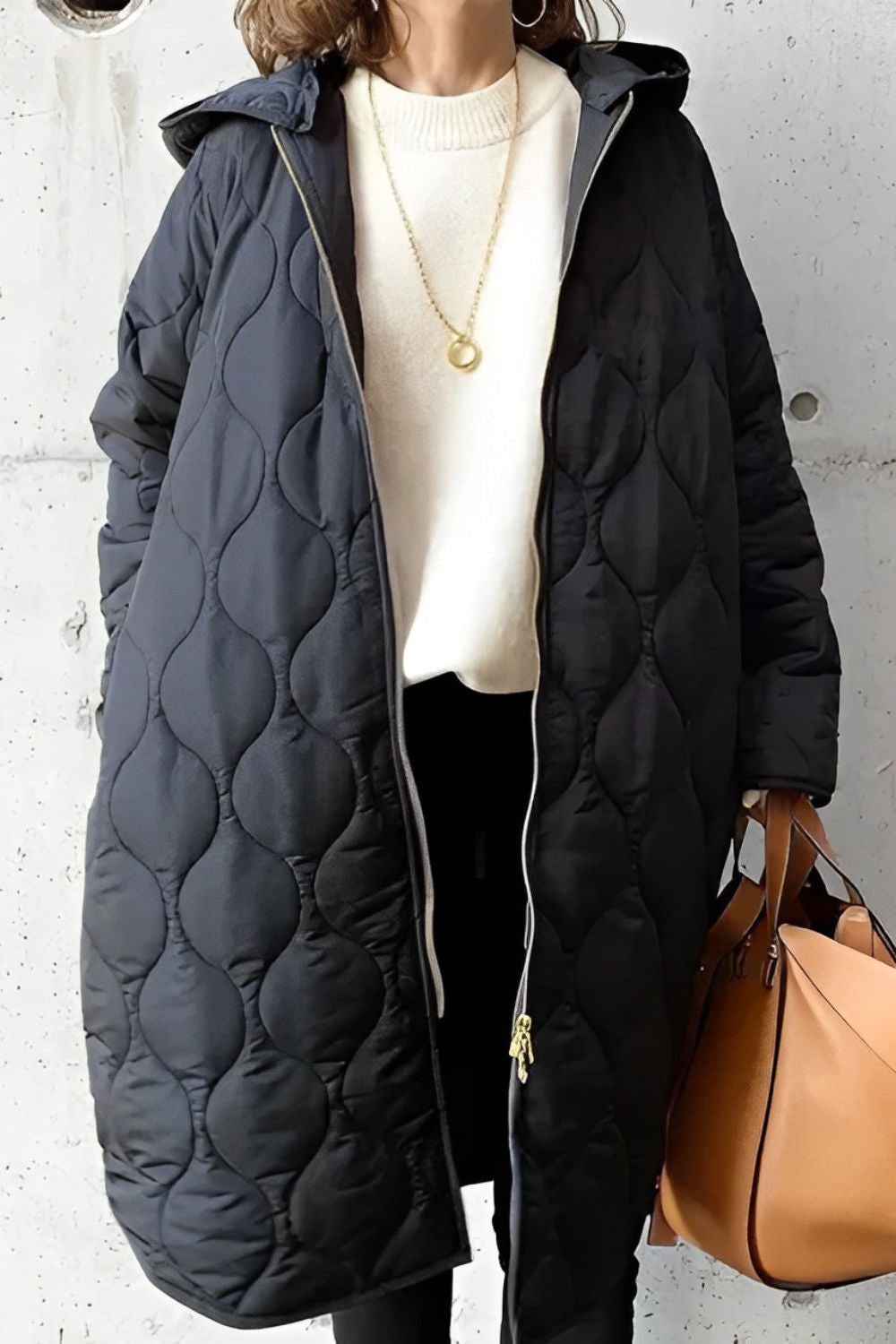 Women's Long Puffer Hooded Quilted Coat with Two-Way Zipper and Side Pockets - Image 3