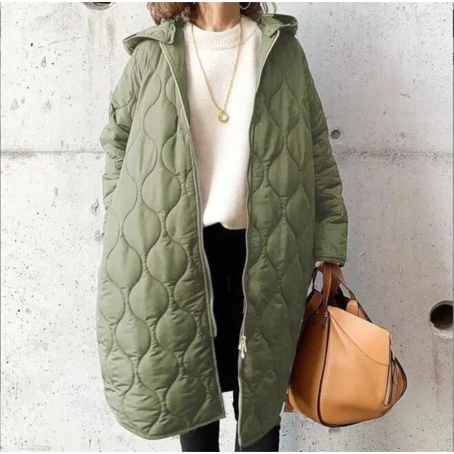 Women's Long Puffer Hooded Quilted Coat with Two-Way Zipper and Side Pockets - Image 4