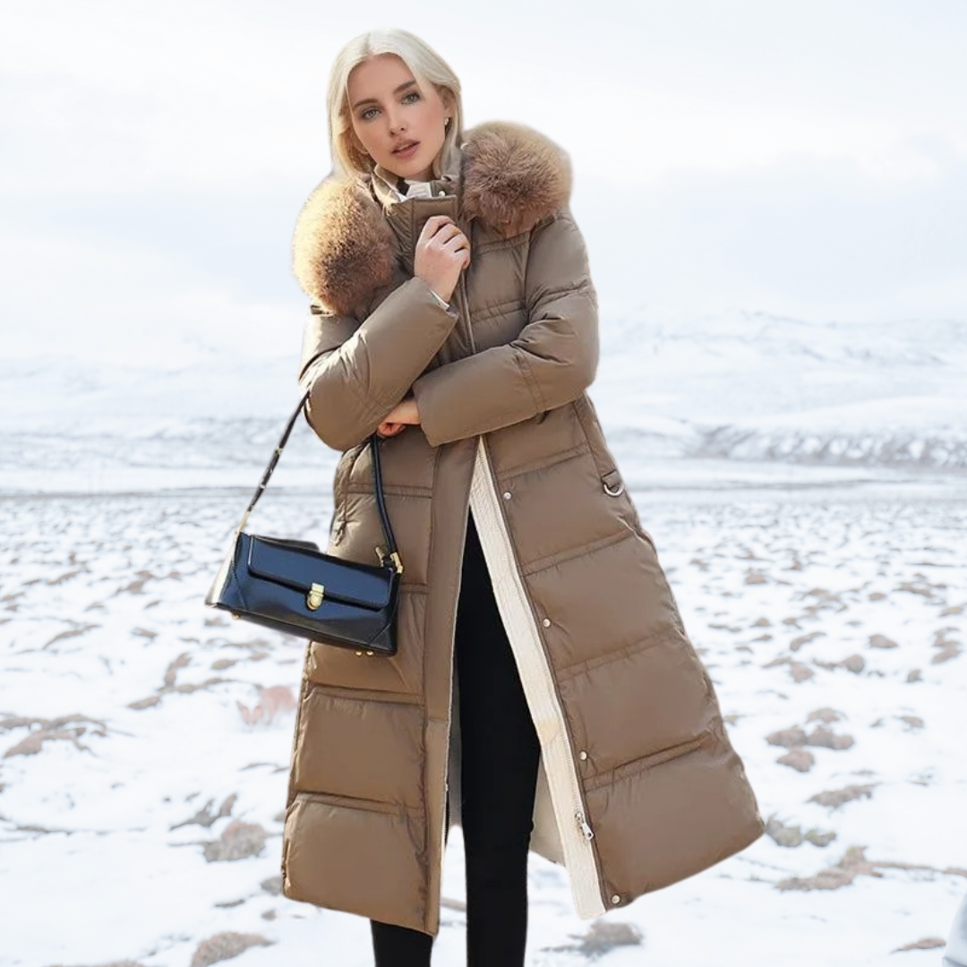 Women's Long Puffer Winter Coat Quilted Design and Faux Fur Hood - Image 1