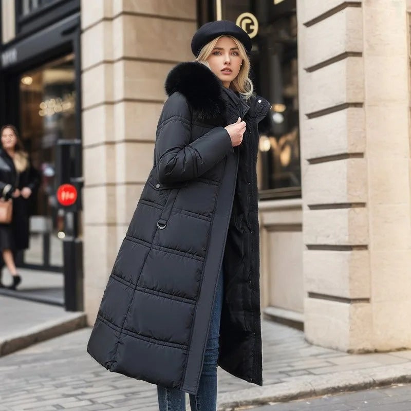 Women's Long Puffer Winter Coat Quilted Design and Faux Fur Hood - Image 2
