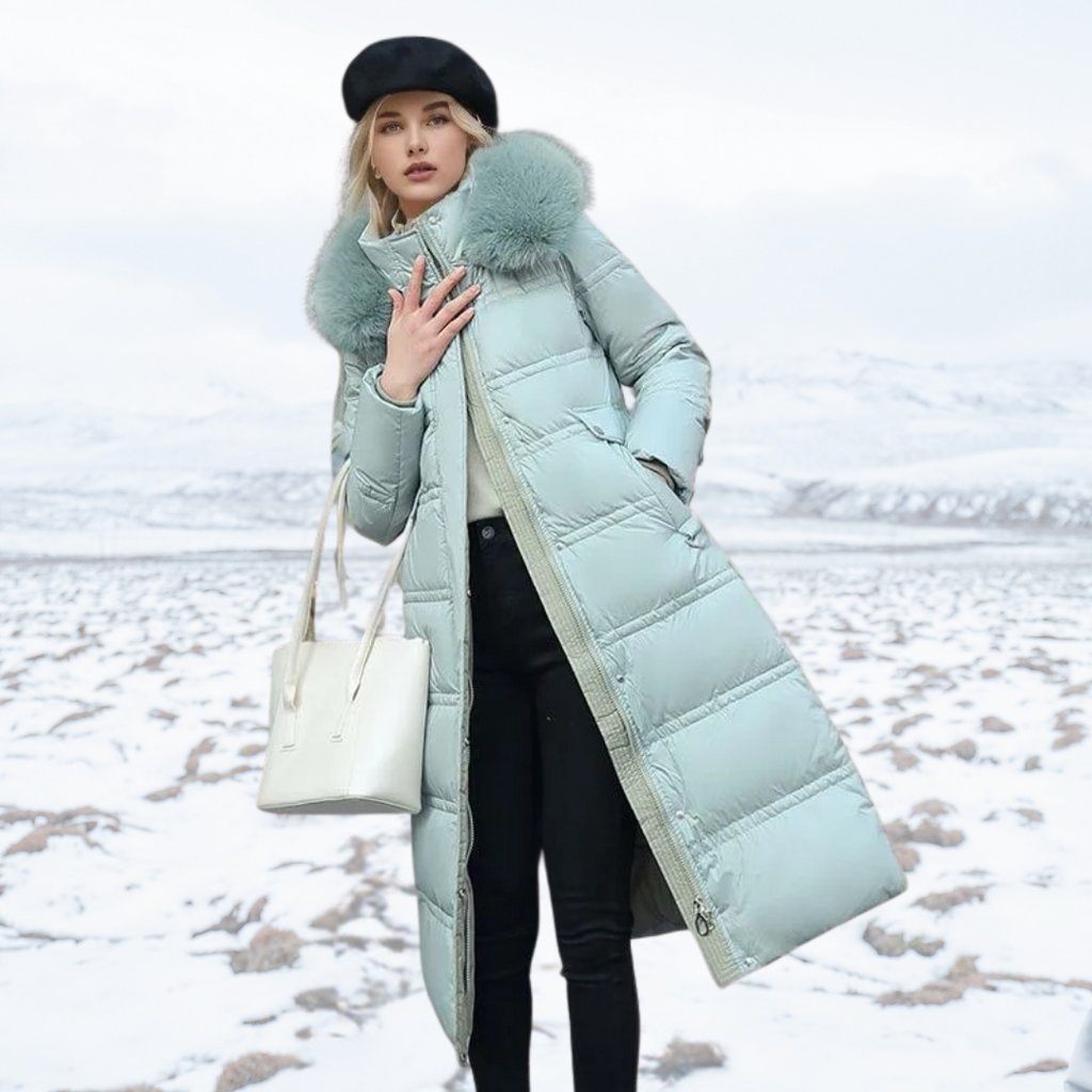 Women's Long Puffer Winter Coat Quilted Design and Faux Fur Hood - Image 3