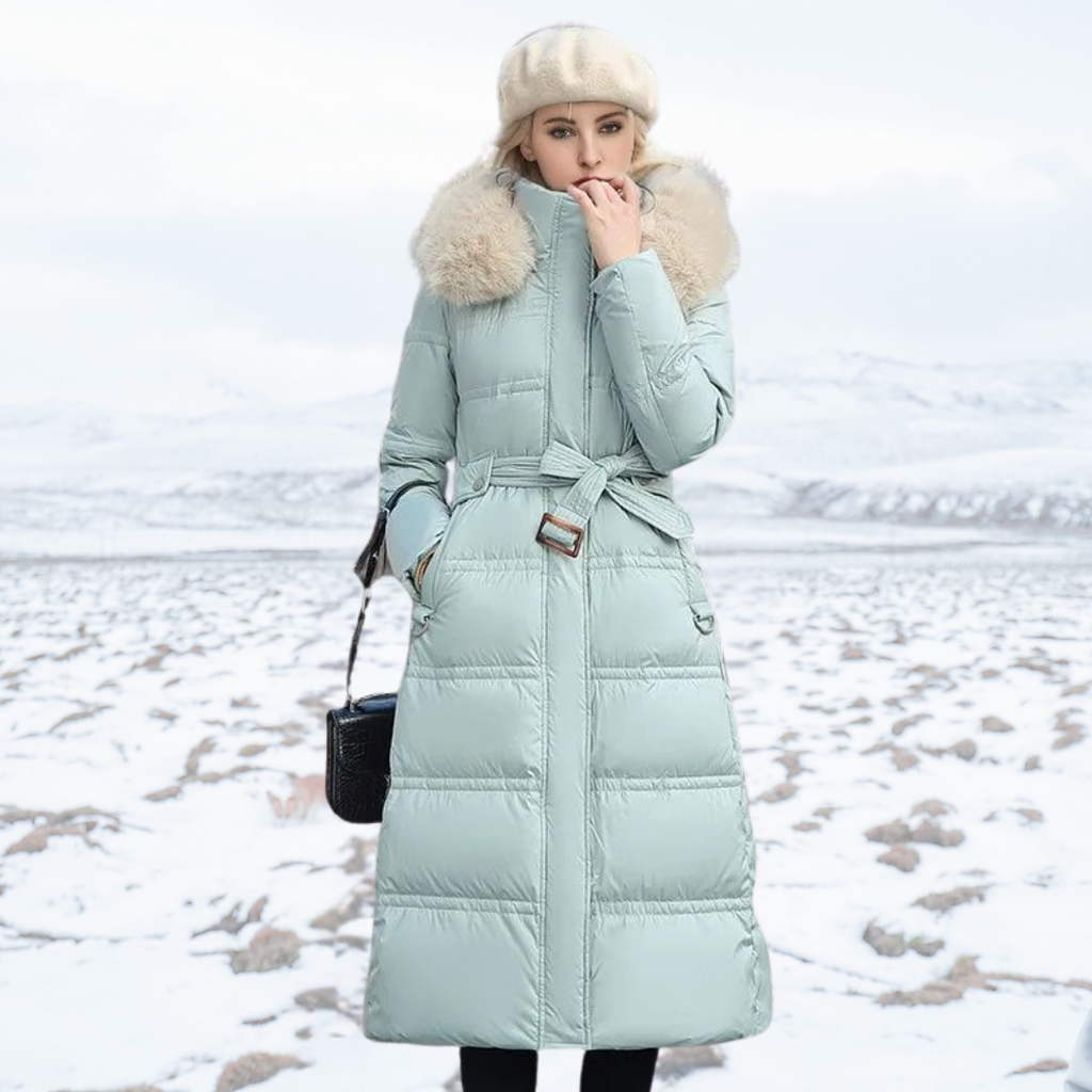 Women's Long Puffer Winter Coat Quilted Design and Faux Fur Hood - Image 8