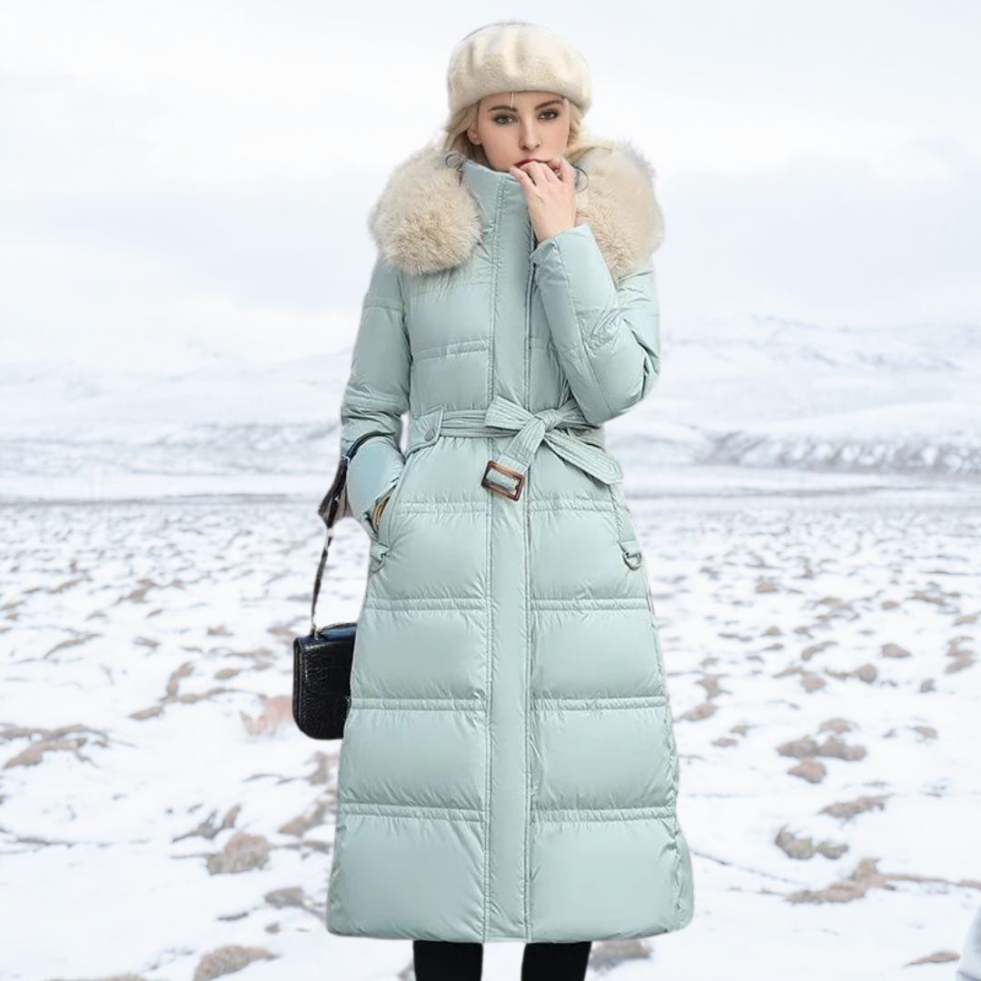 Women's Long Puffer Winter Coat Quilted Design and Faux Fur Hood - Image 8