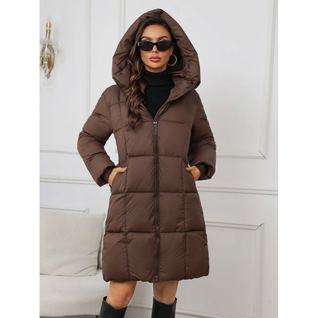 Women's Long Puffer Winter Coat with Hooded Quilted Design and Two-Way Zipper - Image 1